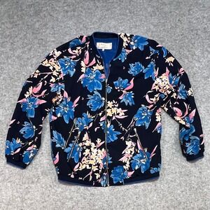 TRAFALUC ZARA Bomber Jacket Navy Blue Floral Print Long Sleeve Zip Front Women M